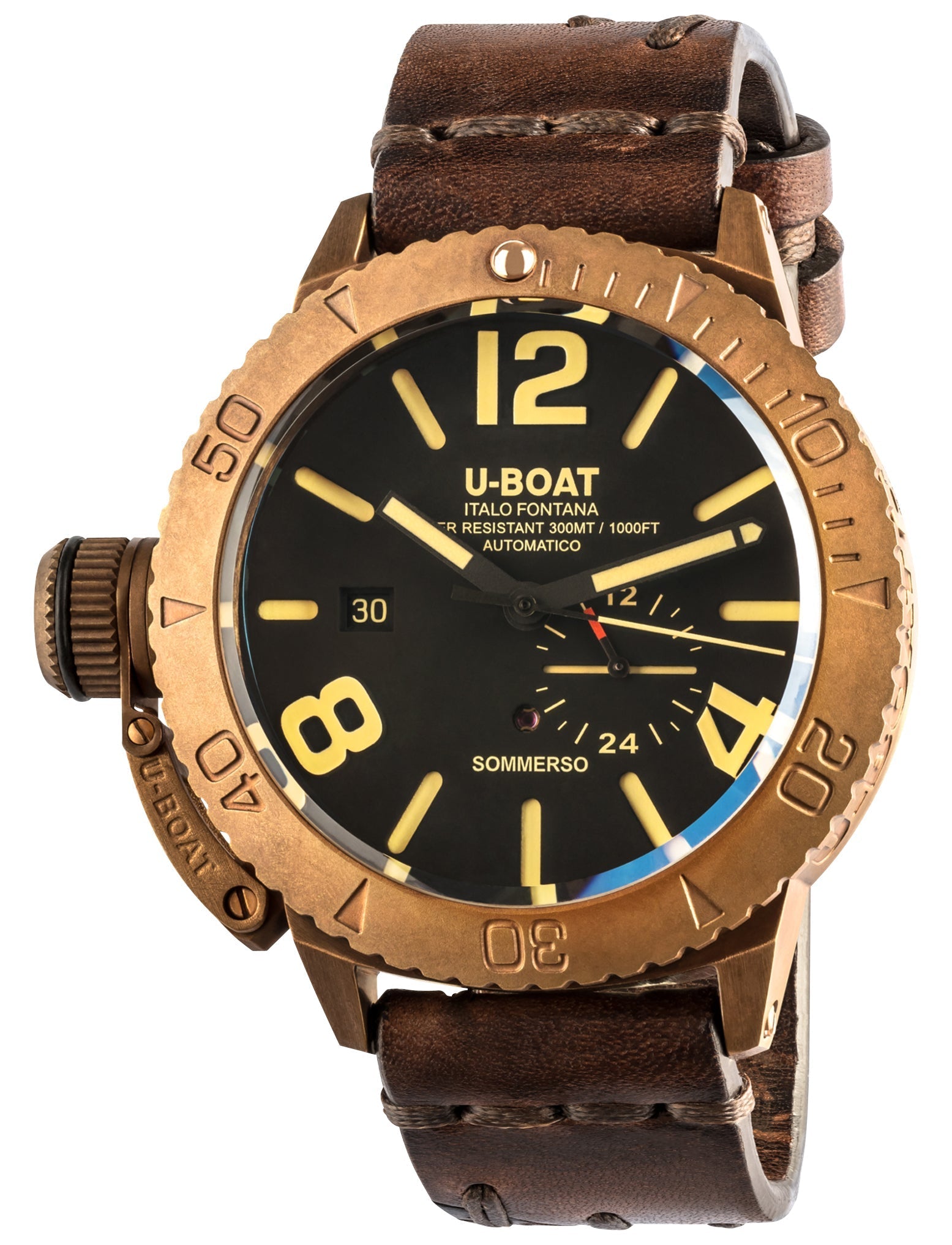 U - Boat Sommerso Automatic Bronze Black Dial Brown Leather Strap Date Divers Mens Watch 8486 - Watches & Beyond