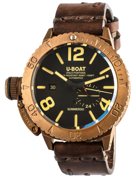 U - Boat Sommerso Automatic Bronze Black Dial Brown Leather Strap Date Divers Mens Watch 8486 - Watches & Beyond