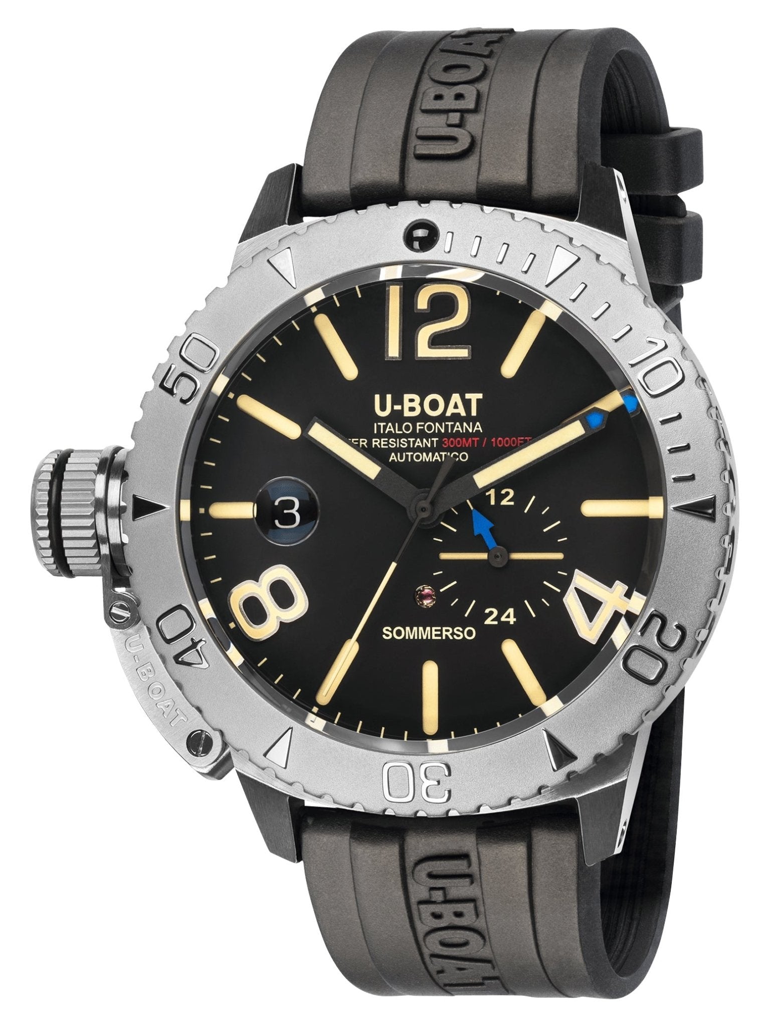 U - Boat Sommerso Automatic Stainless Steel Black Dial Black Rubber Strap Date Divers Mens Watch 9007 - Watches & Beyond
