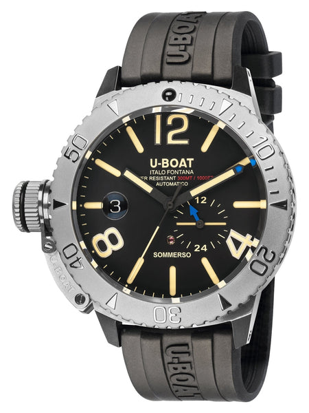 U - Boat Sommerso Automatic Stainless Steel Black Dial Black Rubber Strap Date Divers Mens Watch 9007 - Watches & Beyond