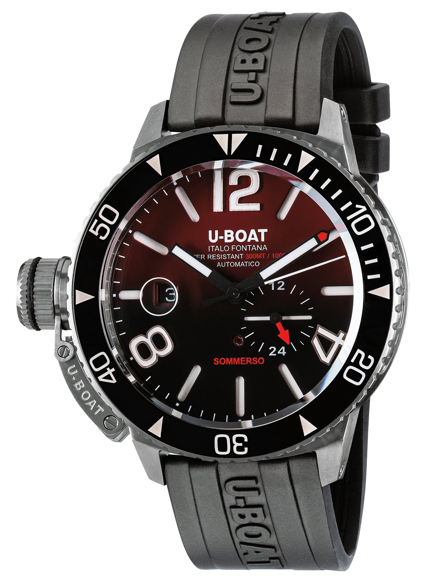 U - Boat Sommerso Ceramic Bordeaux Automatic Stainless Steel Burgundy and Black Dial Black Rubber Strap Date Divers Mens Watch 9521 - WAB - Shipping Dept.