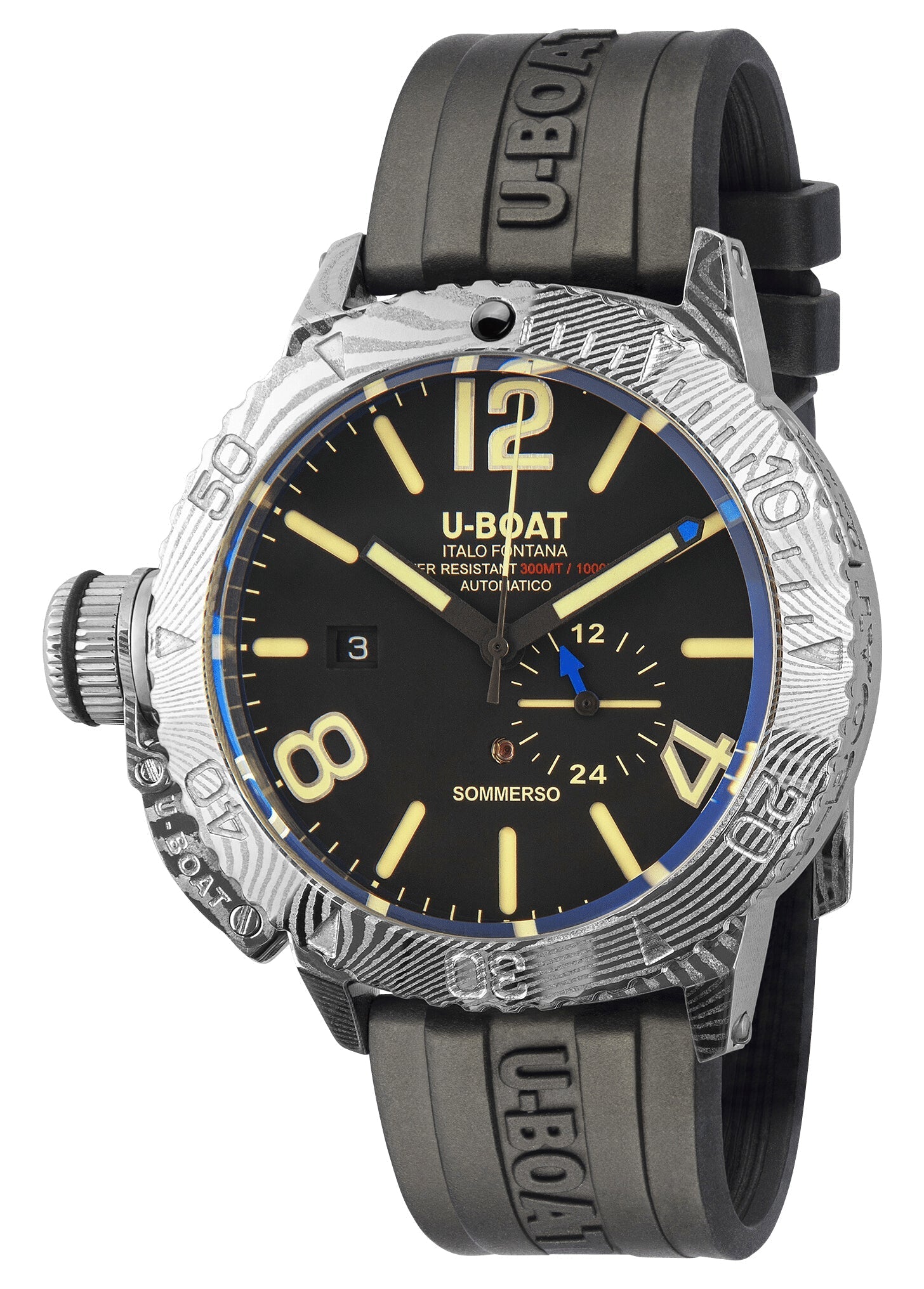 U - Boat Sommerso Damasco Automatic Damascus Steel Black Dial Black Rubber Strap Date Divers Mens Watch 9999 - Watches & Beyond