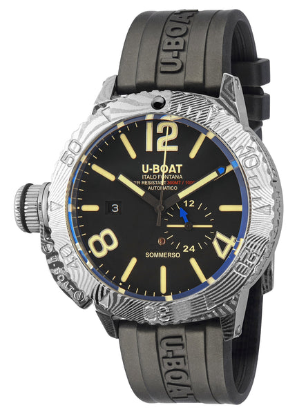 U - Boat Sommerso Damasco Automatic Damascus Steel Black Dial Black Rubber Strap Date Divers Mens Watch 9999 - Watches & Beyond