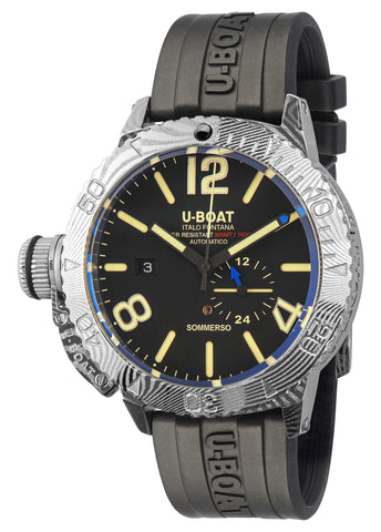 U - Boat Sommerso Damasco Automatic Damascus Steel Black Dial Black Rubber Strap Date Divers Mens Watch 9999 - Watches & Beyond