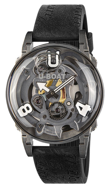 U - Boat U - 65 "White" Stainless Steel Gray Skeleton Dial Black Silicone Strap Quartz Mens Watch 3354 - Watches & Beyond