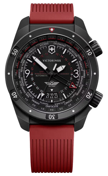 Victorinox Swiss Army Air Pro Automatic GMT Worldtimer Black Stainless Steel Black Dial Red Rubber Strap Date Divers Mens Watch 242006 - Watches & Beyond