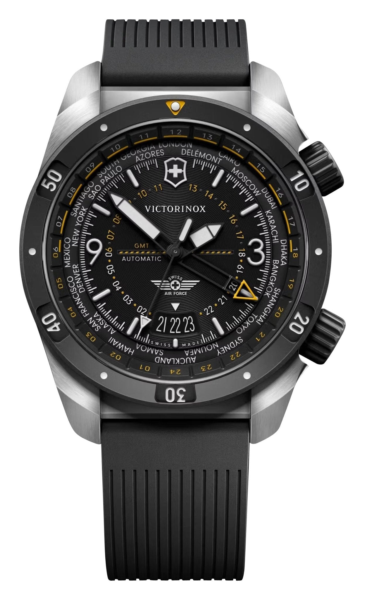 Victorinox Swiss Army Air Pro Automatic GMT Worldtimer Stainless Steel Black Dial Black Rubber Strap Date Divers Mens Watch 242005 - Watches & Beyond