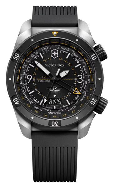 Victorinox Swiss Army Air Pro Automatic GMT Worldtimer Stainless Steel Black Dial Black Rubber Strap Date Divers Mens Watch 242005 - Watches & Beyond