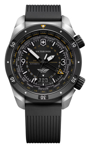 Victorinox Swiss Army Air Pro Automatic GMT Worldtimer Stainless Steel Black Dial Black Rubber Strap Date Divers Mens Watch 242005 - Watches & Beyond