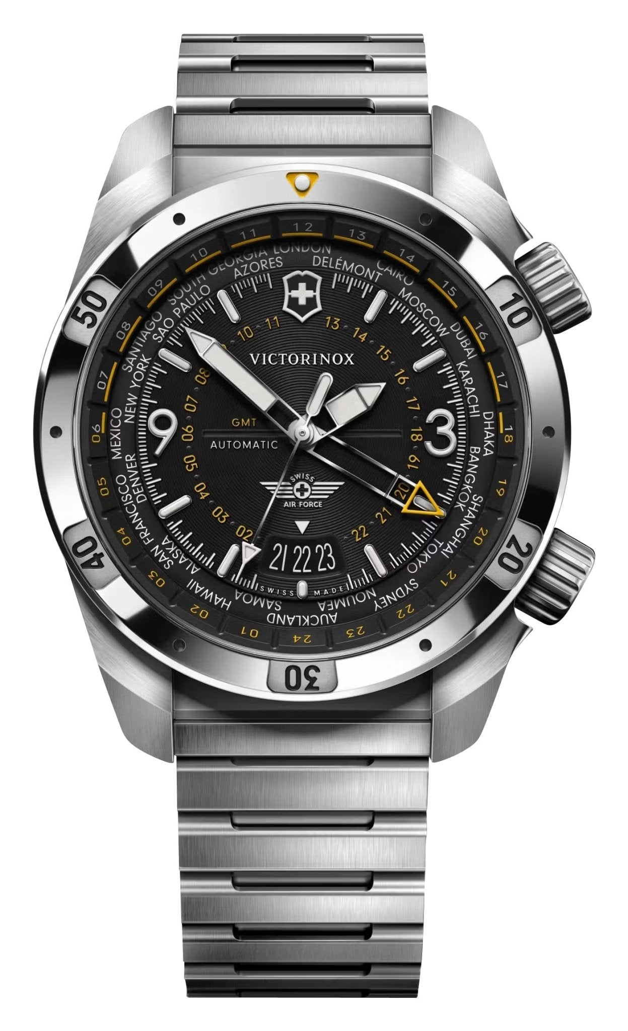 Victorinox Swiss Army Air Pro Automatic GMT Worldtimer Stainless Steel Black Dial Date Divers Mens Watch 242004 - Watches & Beyond