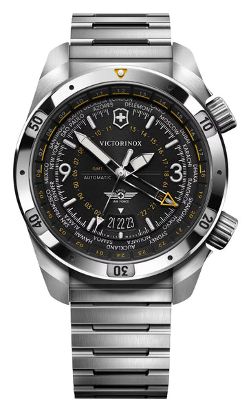 Victorinox Swiss Army Air Pro Automatic GMT Worldtimer Stainless Steel Black Dial Date Divers Mens Watch 242004 - Watches & Beyond