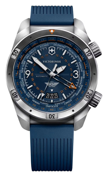 Victorinox Swiss Army Air Pro Automatic GMT Worldtimer Stainless Steel Blue Dial Blue Rubber Strap Date Divers Mens Watch 242003 - Watches & Beyond