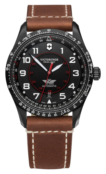 Victorinox Swiss Army Airboss Mechanical Automatic Black Stainless Steel Black Dial Brown Leather Strap Date Mens Watch 241886 - WAB - Shipping Dept.