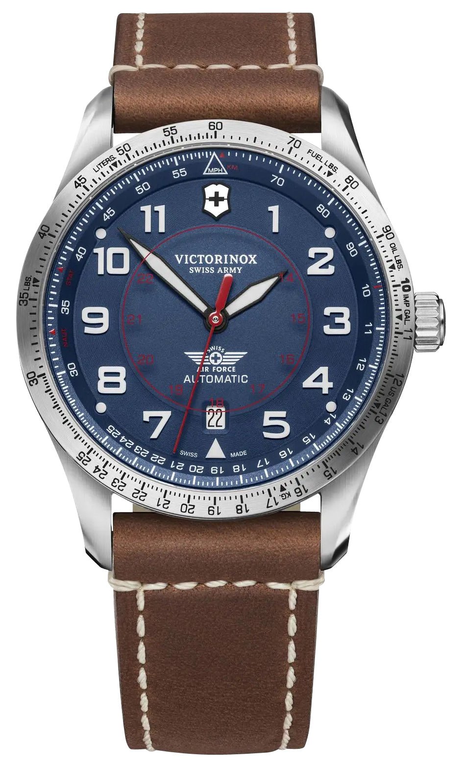 Victorinox Swiss Army Airboss Mechanical Automatic Stainless Steel Blue Dial Brown Leather Strap Date Mens Watch 241887 - WAB - Shipping Dept.