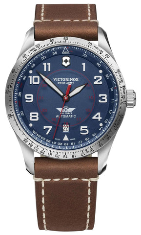 Victorinox Swiss Army Airboss Mechanical Automatic Stainless Steel Blue Dial Brown Leather Strap Date Mens Watch 241887 - WAB - Shipping Dept.