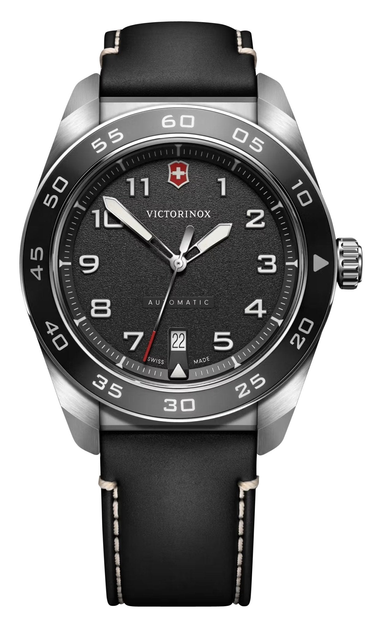 Victorinox Swiss Army Automatic Stainless Steel Black Dial Black Leather Strap Date Mens Watch 242044 - Watches & Beyond