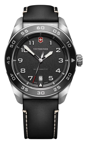 Victorinox Swiss Army Automatic Stainless Steel Black Dial Black Leather Strap Date Mens Watch 242044 - Watches & Beyond