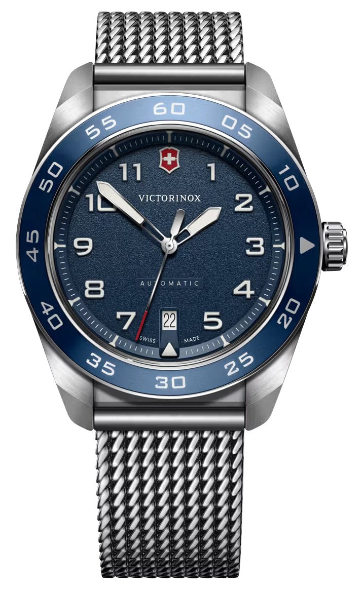 Victorinox Swiss Army Automatic Stainless Steel Mesh Blue Dial Date Mens Watch 242045 - Watches & Beyond