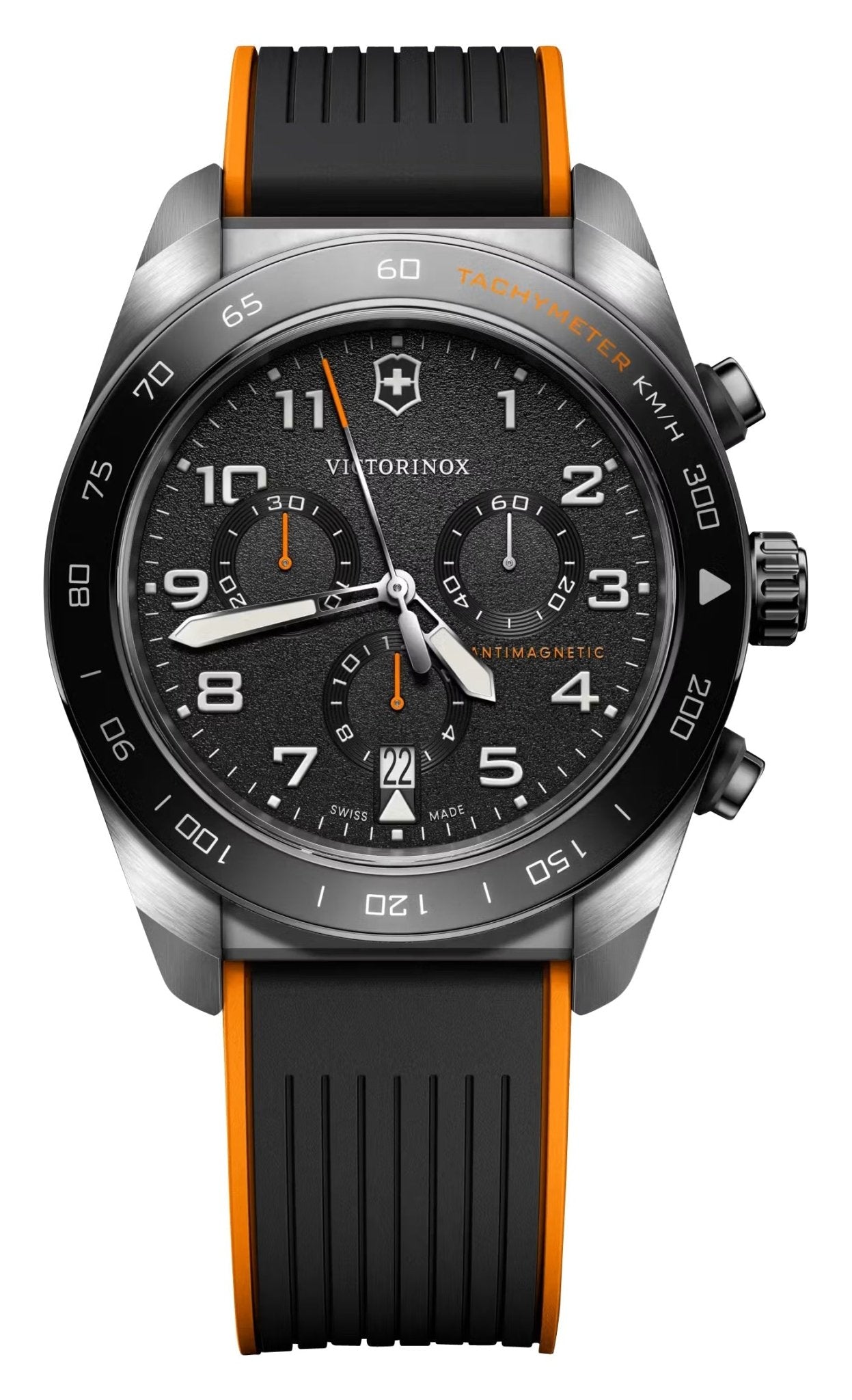 Victorinox Swiss Army Chronograph Stainless Steel Black Dial Black Rubber Strap Date Quartz Mens Watch 242050 - Watches & Beyond