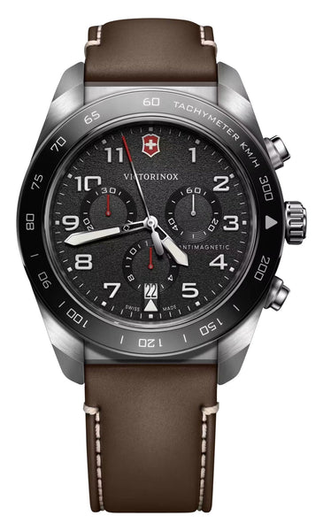 Victorinox Swiss Army Chronograph Stainless Steel Black Dial Brown Leather Strap Date Quartz Mens Watch 242046 - Watches & Beyond