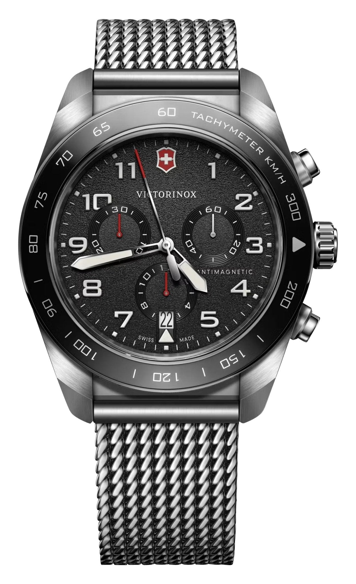 Victorinox Swiss Army Chronograph Stainless Steel Mesh Black Dial Date Quartz Mens Watch 242048 - Watches & Beyond