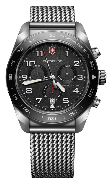 Victorinox Swiss Army Chronograph Stainless Steel Mesh Black Dial Date Quartz Mens Watch 242048 - Watches & Beyond