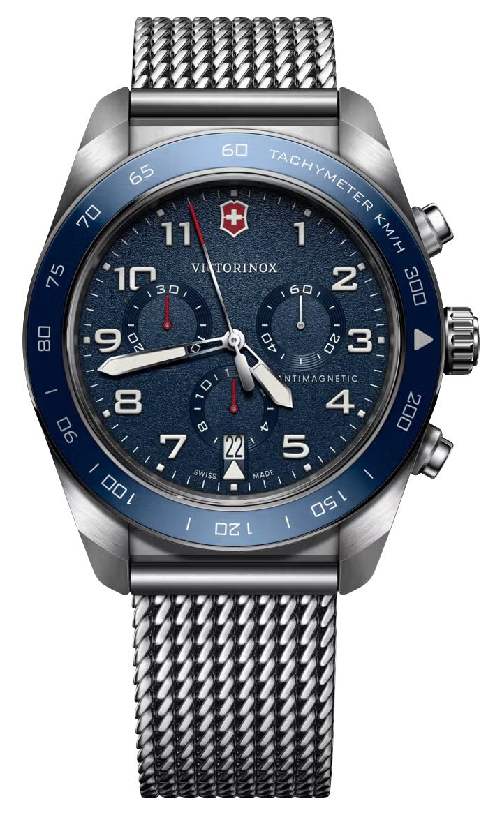 Victorinox Swiss Army Chronograph Stainless Steel Mesh Blue Dial Date Quartz Mens Watch 242049 - Watches & Beyond