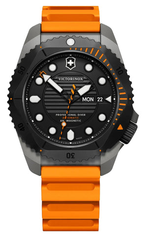 Victorinox Swiss Army Dive Pro Automatic Gray Titanium Black Dial Orange Rubber Strap Day/Date Divers Mens Watch 241996 - Watches & Beyond