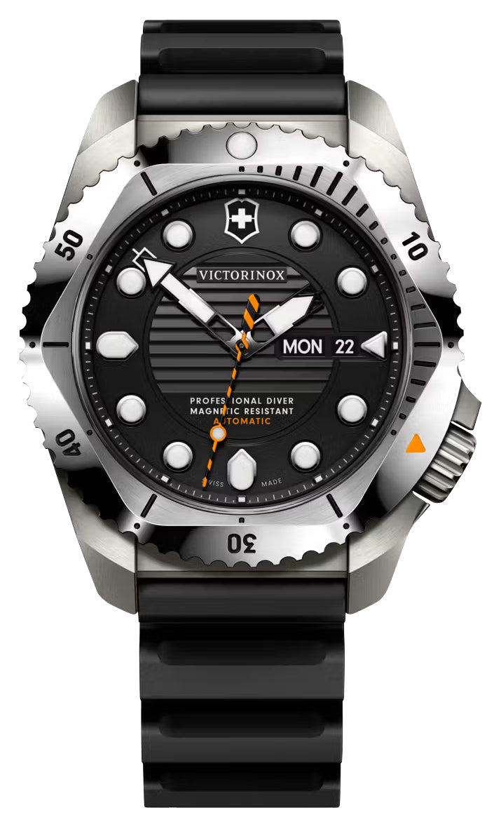 Victorinox Swiss Army Dive Pro Automatic Titanium & Stainless Steel Black Dial Black Rubber Strap Day/Date Divers Mens Watch 242070 - Watches & Beyond