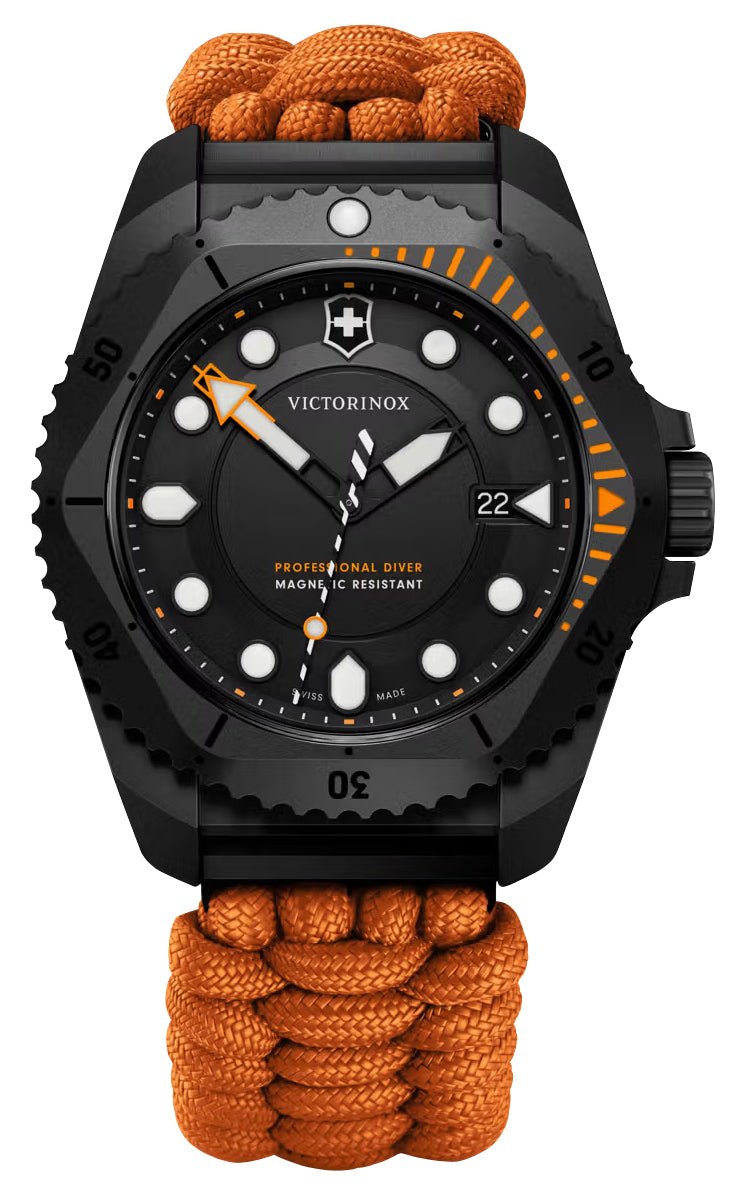 Victorinox Swiss Army Dive Pro Black Titanium Black Dial Orange Nylon Interchangeable Black Rubber Strap Date Divers Quartz Mens Watch 242069.1 - Watches & Beyond