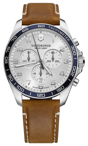 Victorinox Swiss Army Fieldforce Classic Chronograph Stainless Steel Silver Dial Brown Leather Strap Date Quartz Mens Watch 241900 - WAB - Shipping Dept.