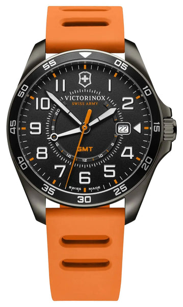 Victorinox Swiss Army Fieldforce Sport GMT Black Stainless Steel Black Dial Orange Rubber Strap Date Quartz Mens Watch 241897 - WAB - Shipping Dept.