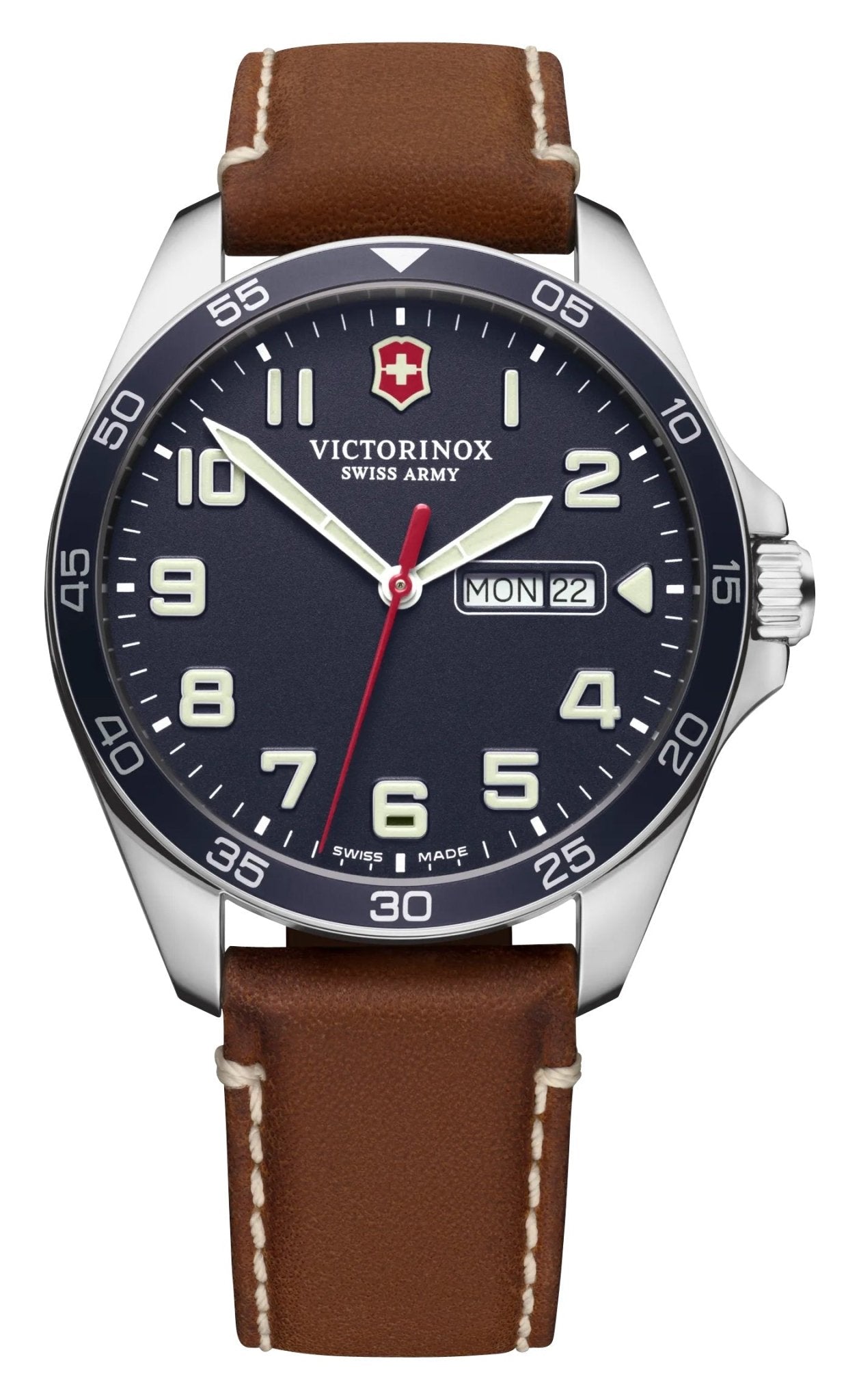 Victorinox Swiss Army Fieldforce Stainless Steel Blue Dial Brown Leather Strap Day/Date Quartz Mens Watch 241848 - WAB - Shipping Dept.