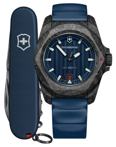 Victorinox Swiss Army I.N.O.X. Automatic Black Carbon Blue Dial Blue Rubber Strap Date Divers Mens Watch 242022.1 - Watches & Beyond