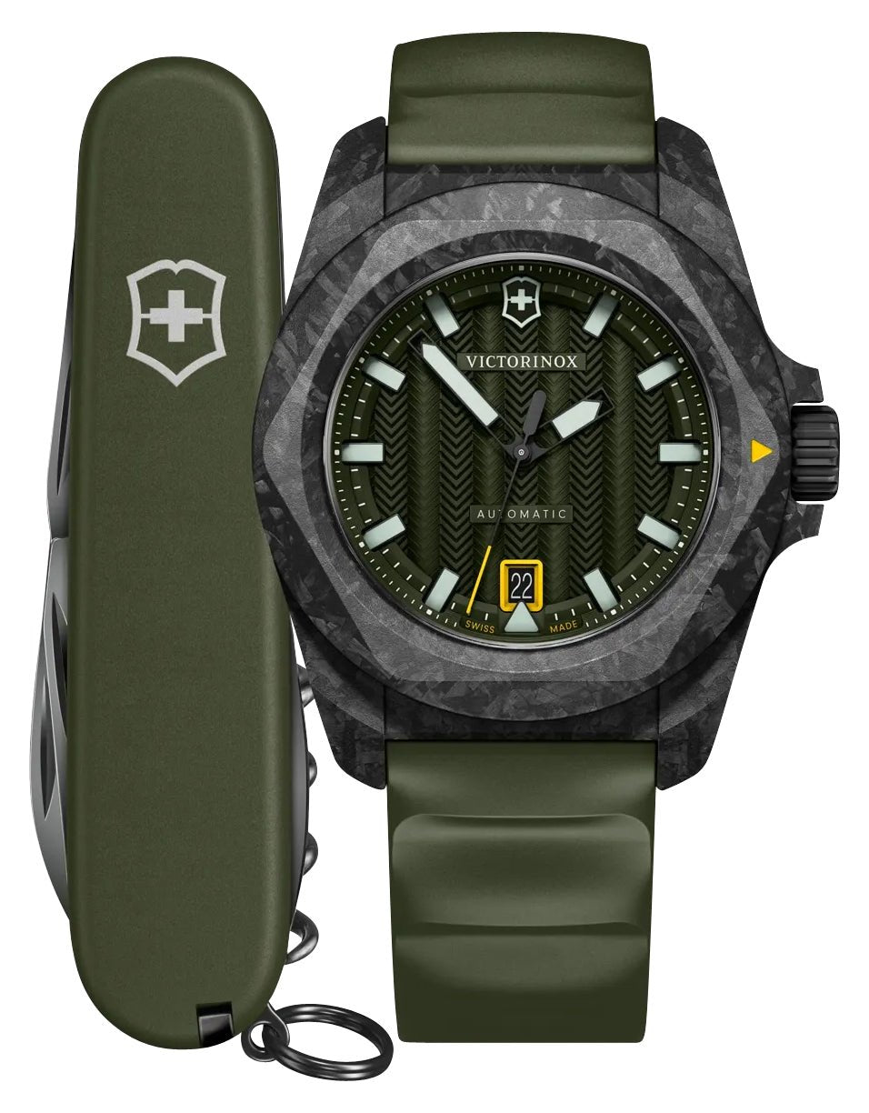Victorinox Swiss Army I.N.O.X. Automatic Black Carbon Green Dial Green Rubber Strap Date Divers Mens Watch 242021.1 - Watches & Beyond