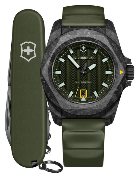 Victorinox Swiss Army I.N.O.X. Automatic Black Carbon Green Dial Green Rubber Strap Date Divers Mens Watch 242021.1 - Watches & Beyond