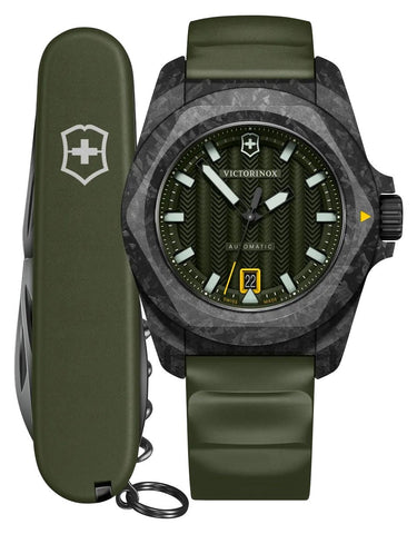 Victorinox Swiss Army I.N.O.X. Automatic Black Carbon Green Dial Green Rubber Strap Date Divers Mens Watch 242021.1 - Watches & Beyond