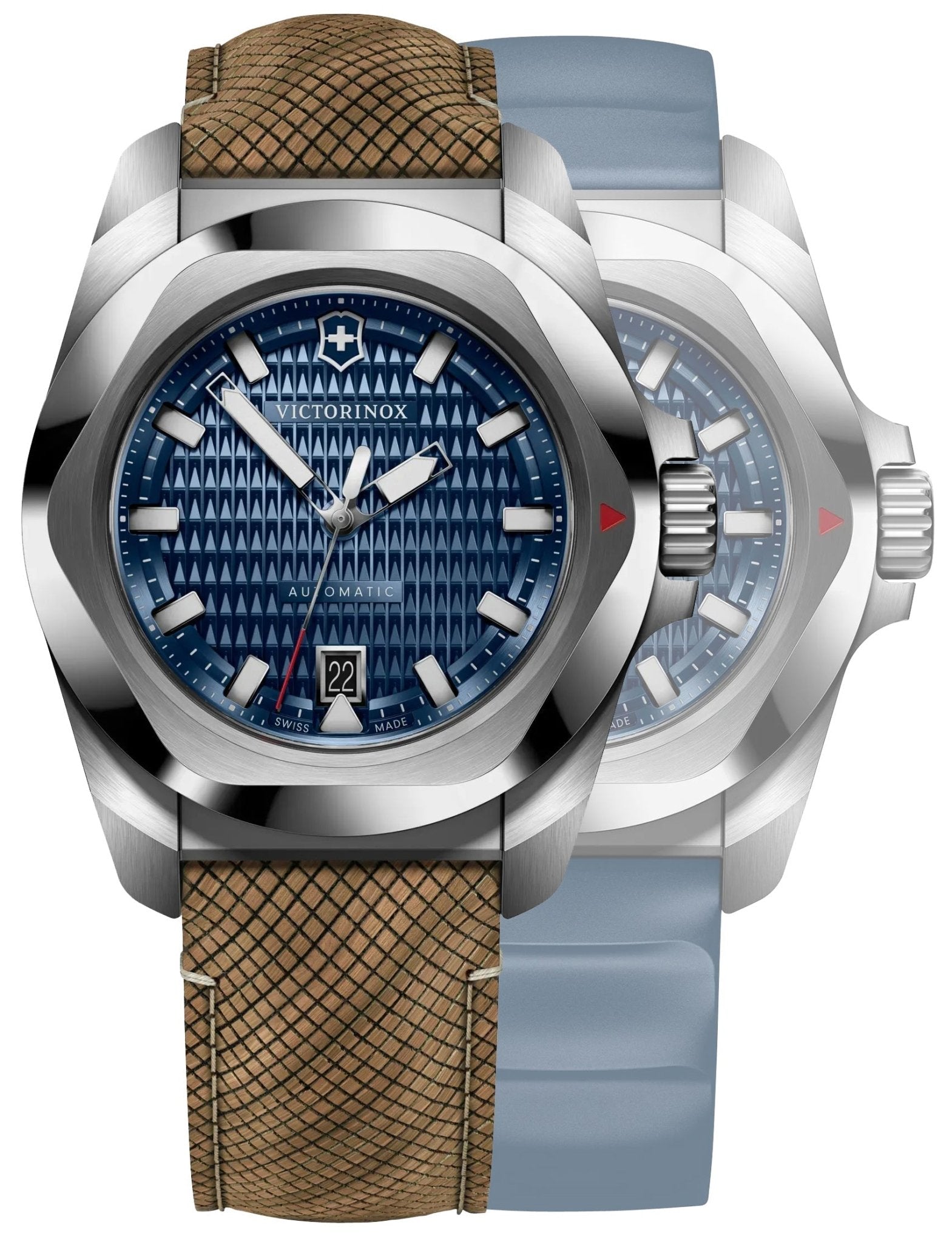 Victorinox Swiss Army I.N.O.X. Automatic Stainless Steel Blue Dial Brown Wood Interchangeable Blue Rubber Strap Date Divers Mens Watch 242018.1 - Watches & Beyond
