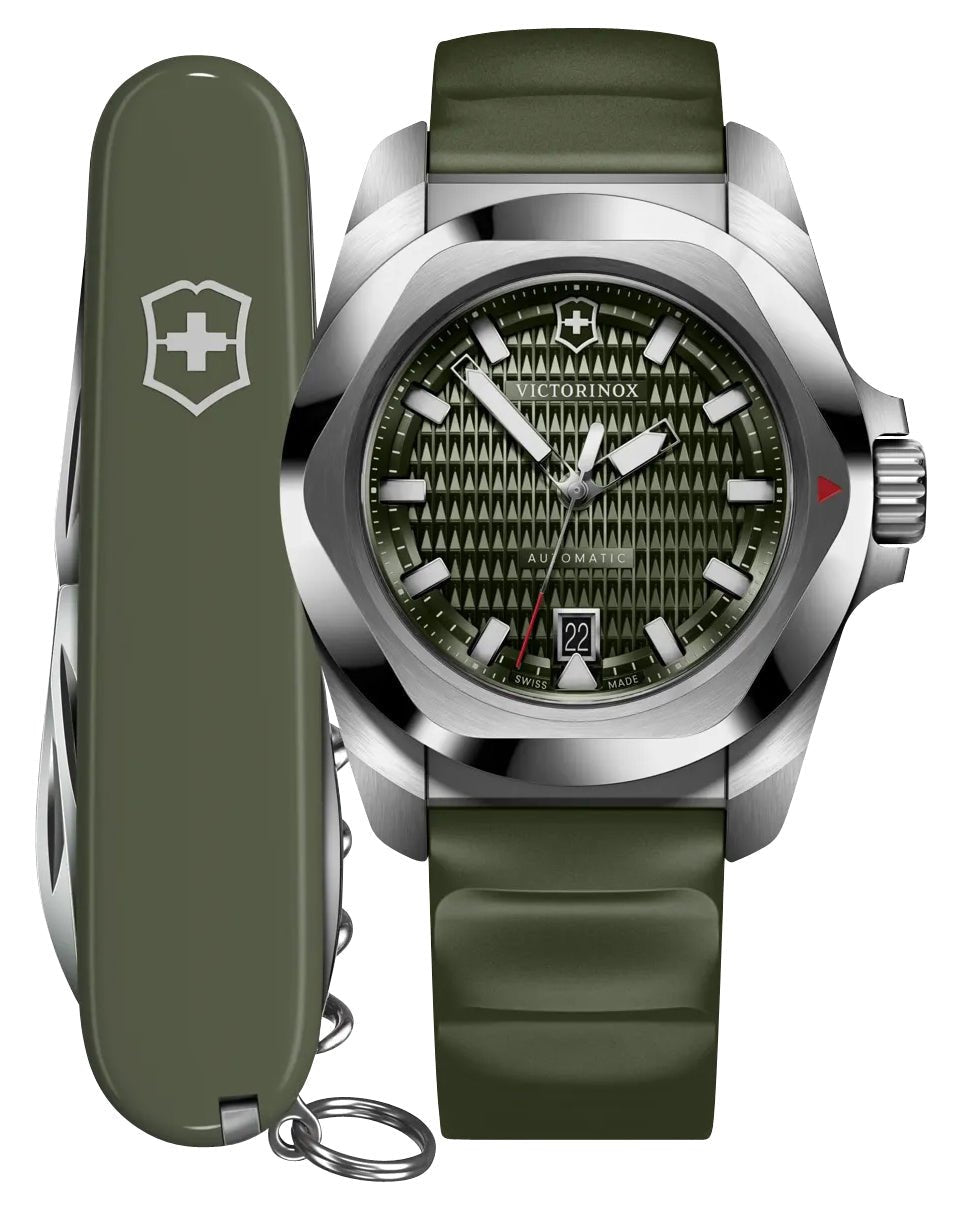 Victorinox Swiss Army I.N.O.X. Automatic Stainless Steel Green Dial Green Rubber Strap Date Divers Mens Watch 242017.1 - Watches & Beyond