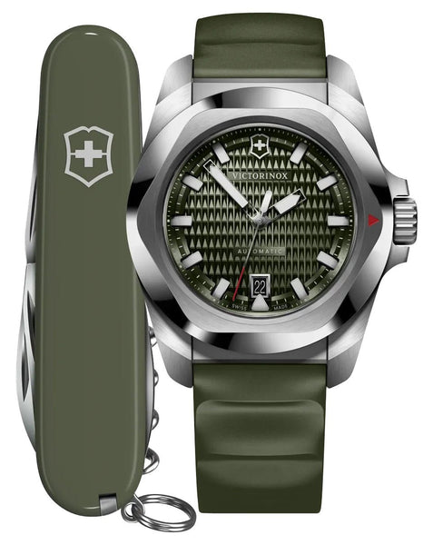 Victorinox Swiss Army I.N.O.X. Automatic Stainless Steel Green Dial Green Rubber Strap Date Divers Mens Watch 242017.1 - Watches & Beyond