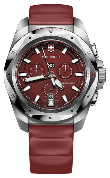 Victorinox Swiss Army I.N.O.X. Chronograph Stainless Steel Red Dial Red Rubber Strap Day/Date Divers Quartz Mens Watch 241986 - WAB - Shipping Dept.