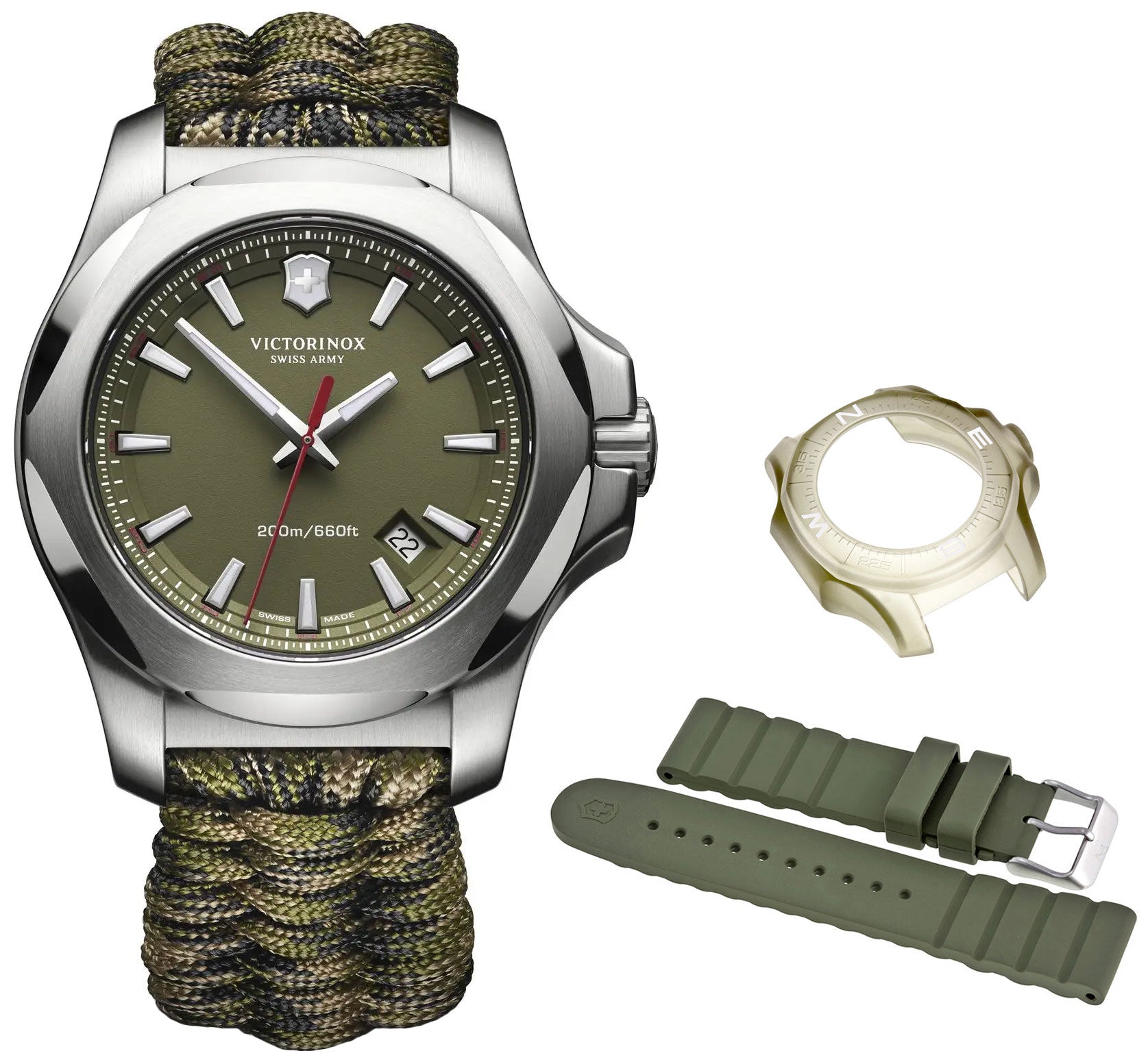 Victorinox Swiss Army I.N.O.X. Stainless Steel Green Dial Paracord Band Interchangeable Green Rubber Strap Date Quartz Mens Watch 241727.1 - WAB - Shipping Dept.