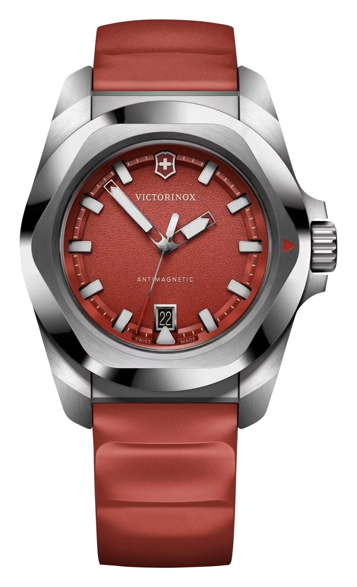 Victorinox Swiss Army I.N.O.X. Stainless Steel Red Dial Red Rubber Strap Date Divers Quartz Mens Watch 242029 - Watches & Beyond