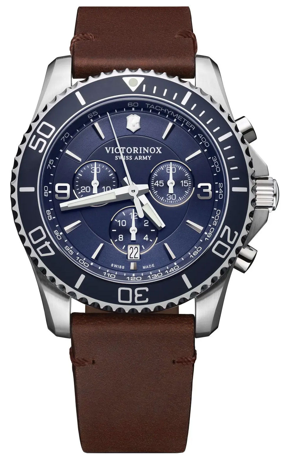 Victorinox Swiss Army Maverick Chronograph Stainless Steel Brown Leather Blue Dial Date Mens Watch 241865 - WAB - Shipping Dept.