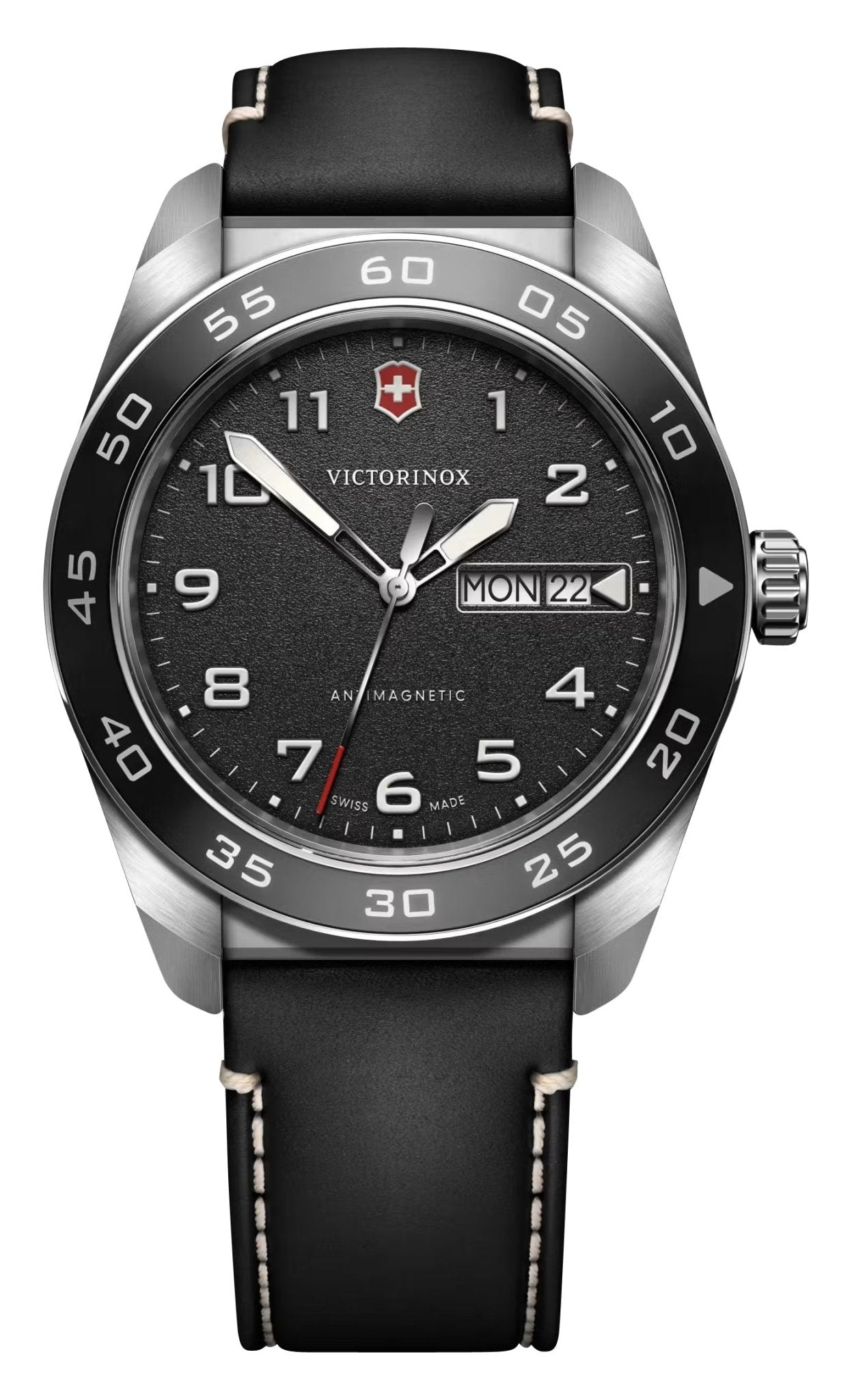 Victorinox Swiss Army Stainless Steel Black Dial Black Leather Strap Day/Date Quartz Mens Watch 242041 - Watches & Beyond