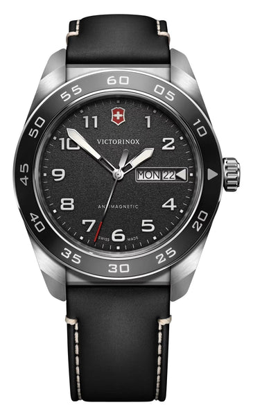 Victorinox Swiss Army Stainless Steel Black Dial Black Leather Strap Day/Date Quartz Mens Watch 242041 - Watches & Beyond