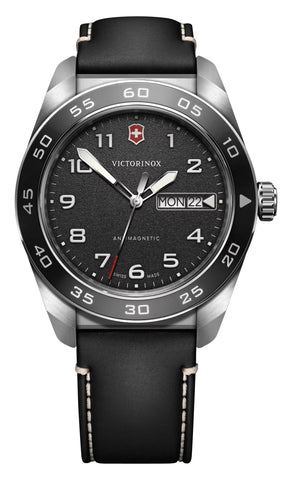 Victorinox Swiss Army Stainless Steel Black Dial Black Leather Strap Day/Date Quartz Mens Watch 242041 - Watches & Beyond
