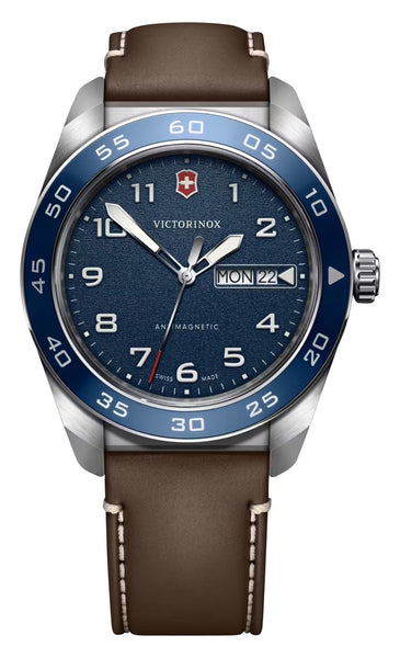 Victorinox Swiss Army Stainless Steel Blue Dial Brown Leather Strap Day/Date Quartz Mens Watch 242040 - Watches & Beyond