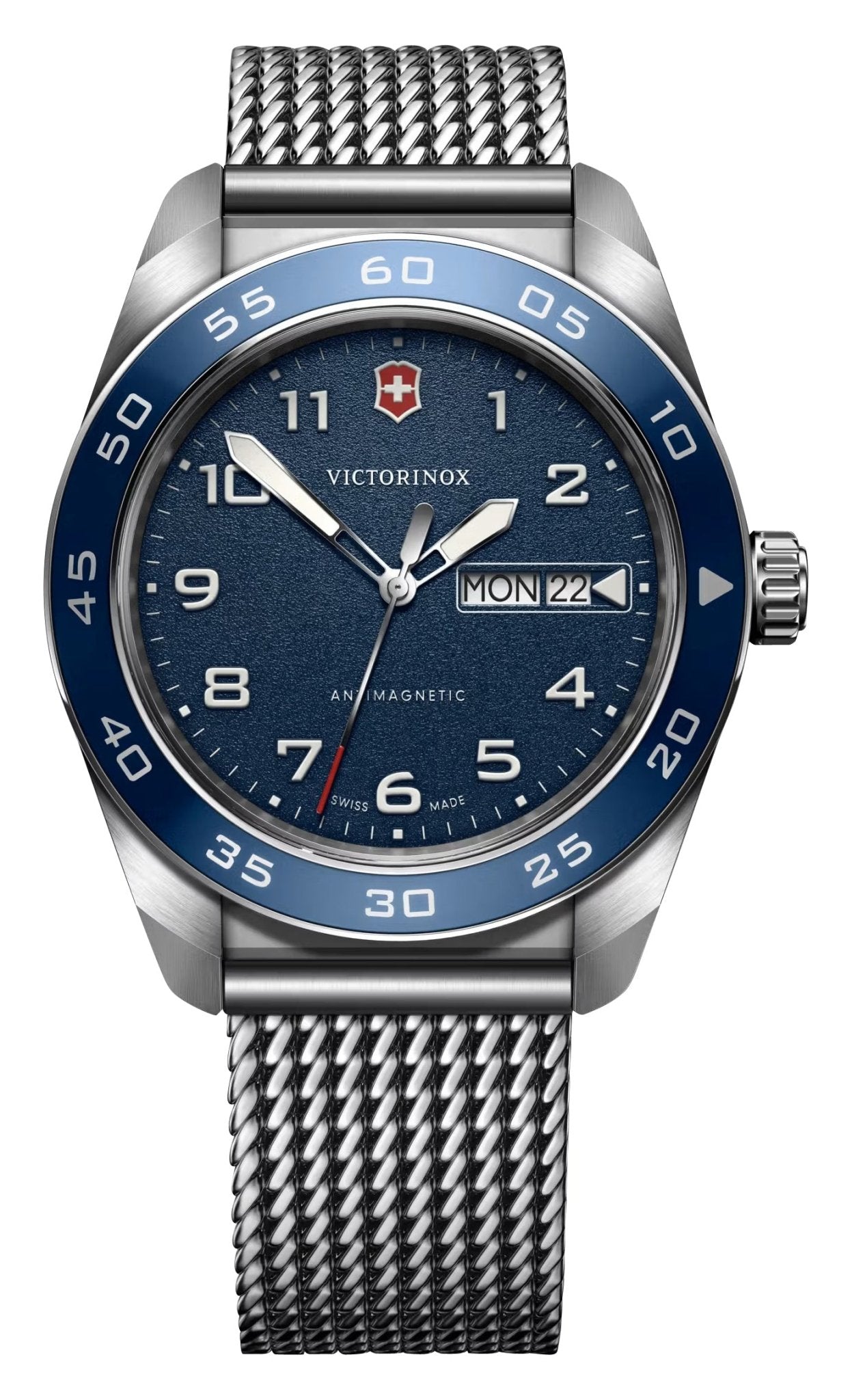 Victorinox Swiss Army Stainless Steel Mesh Blue Dial Day/Date Quartz Mens Watch 242042 - Watches & Beyond