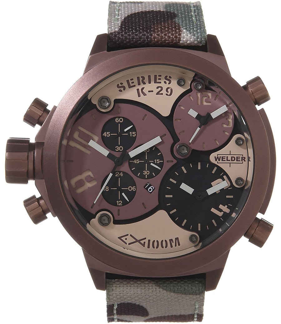 Welder by U-Boat K29 Triple Time Zone Chronograph Camouflage Strap Brown Steel Mens Sport Watch K29-8005 - Watches & Beyond